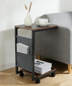 comfoyar Mesa Auxiliar en Forma C, Mesilla de Sofá de Madera con Ruedas para Silla Noche Reclinable, Deslice Bajo la Mesa Auxiliar de Café con Bolsa de Almacenamiento para Sala de Estar, Dormitorio