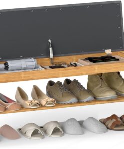 FANTASK Zapatero de bambú, 101 x 31 x 51 cm, Zapatero con Asiento y Espacio de Almacenamiento Oculto, Banco de Pasillo de hasta 150 kg, Banco de Pasillo para salón, Dormitorio, Pasillo (Gris)