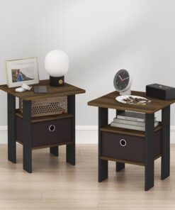 Furinno TIDUR - Juego de 2 mesitas de Noche Marrones, Color Nogal Columbia | Diseño de estante abierto, mesita de noche, mesa auxiliar, mesa auxiliar para dormitorio, sala de estar