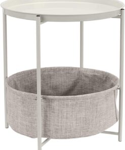 Amazon Basics Mesa auxiliar Redonda con capacidad de almacenamiento en blanco (Light Cream) con tejido gris jaspeado, Crema Claro, 44.96 cm D x 44.96 cm W x 48 cm H