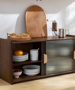 Tiita Pequeño armario de despensa de cocina, aparador de pared de bambú con puertas de cristal, armario de despensa de alimentos para cocina, sala de estar y comedor dormitorio
