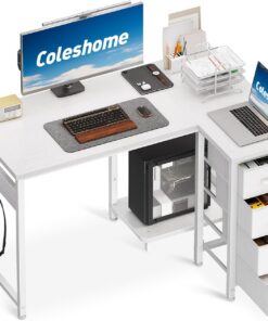 Coleshome Escritorio de Esquina, Escritorio en Forma de L con 4 Cajones, Escritorio para Ordenador Reversible para Oficina/Dormitorio (White, 100x70cm)