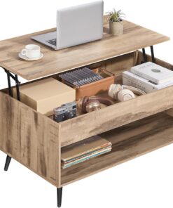 VASAGLE Mesa de Centro, Mesa de Café con Tablero Elevable, Resorte de Gas, Compartimento Oculto, Estante Abierto, para Sala de Estar, Comedor, Oficina, Marrón Camello y Negro Tinta LCT267LB01