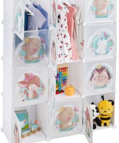 Relaxdays Armario Modular Infantil, 2 Rieles Ropa, Puertas con Animales, 145x110x37 cm, DIY, Estantería Cubos, Blanco