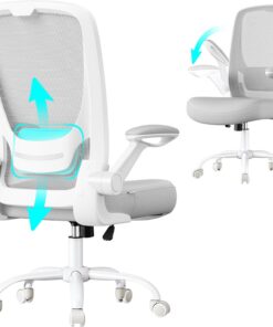 SONGMICS Silla de Oficina, Silla de Escritorio de Malla, Silla Giratoria Ergonómica, Soporte Lumbar, Oscilante, Asiento de 53 cm, Apoyabrazos Abatibles, Gris Paloma OBN037G02