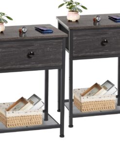 AMHANCIBLE Juego de 2 Mesitas de Noche, Mesilla de Noche Pequeñas con Cajón de Tela, Mesita Auxiliar Industrial Delgada con Estante, para Dormitorio, Salón o Espacios Pequeños, Gris Oscuro EHET03SDDG