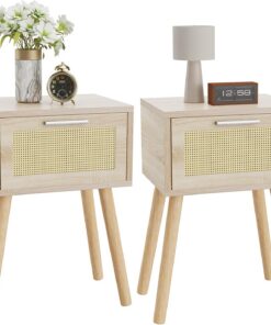 YMYNY Mesita de Noche de Ratán, Juego de 2, Mesa Auxiliar de Noche, Mesilla de Noche con Cajón magnético, Piernas de Madera Maciza, 35x27x53 cm, para Dormitorio, Oficina, Salón, Natural HST010N-2