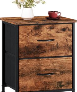 Somdot Mesitas de Noche con Cajones de Tela, Mesa de Noche Dormitorio, Mesilla de Noche Ideales para Salón, Estudio, 30 Profundo x 42 Ancho x 50 Alto (2 Cajones), Estampado de veta de Madera, Pack 1