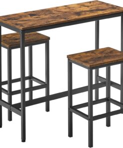 VASAGLE Juego de Mesa y Taburetes de Bar, Mesa de Desayuno con 2 taburetes, Marco de Acero, Industrial, Marrón Rústico y Negro Tinta LBT218B01