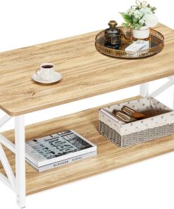 GreenForest Mesa de Centro con 2 Estantes, 100cm Mesa de Café con Redonda, Tablero de Estilo de Moderno en Macro de para la Salón, Beige