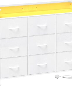 VEDECASA Cómoda blanca con luz LED, cómoda de 9 cajones para dormitorio, cómoda de tela con estación de carga para sala de estar, entrada, armario, marco de acero resistente, parte superior de madera