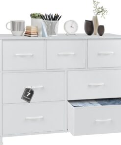 DUMOS Cómoda para Dormitorio con 7 cajones de Tela, Organizador Alto para Ropa, Armario, habitación Infantil, Torre de Almacenamiento con Armario Marco de Metal, Placa de Madera, Muebles Ligeros para