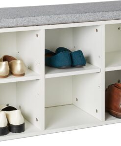 Amazon Basics Banco para Guardar Zapatos con Cojín, Zapatero con 6 Compartimentos, Estantes Ajustables, para la Entrada, 87 x 30 x 48cm, Blanco