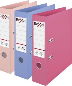 Rexel 2115711 – Pack 3 Archivadores A4 mm (rosa, azul, melocotón) | Etiqueta de lomo intercambiable, mecanismo de palanca y formato pack para archivo de oficina