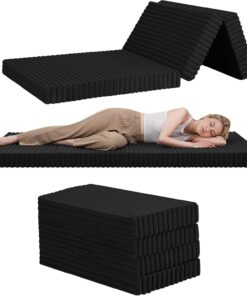 MeMoreCool Colchón plegable individual, 190 x 90 cm, colchón de futón plegable de espuma de alta densidad con funda lavable, tapete portátil para dormir para invitados, viajes, camping, color negro