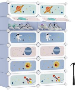 SONGMICS Estantería Modular Infantil de 12 Cubos, Zapatero para niños, Estantería plástico, Armario Modular con Puertas, para Ropa, Zapatos, Juguetes, 31 x 81 x 106 cm, Azul Pálido LPC907Q01