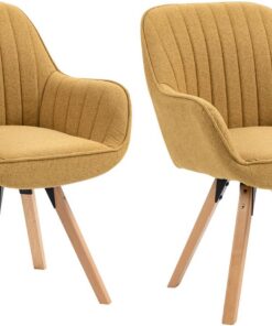 MEUBLE COSY Juego de 2 Sillas de Comedor Giratorias 360° Sillones de Maquillaje Escritorio Patas de Madera Tapizado en Tela con Respaldo y Brazos para salón Cocina Oficina, Amarillo