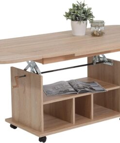 Hela Tische, Babsi - Mesa Auxiliar (Madera de Roble Sonoma, Revestimiento de Melamina, Material Compuesto de Madera, Altura Regulable 53-63 cm, Extensible 107-157 cm, con Ruedas)