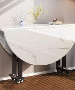 Mesa de Comedor Plegable for Uso doméstico, Mesa de Cocina Extensible con alas abatibles, Mesa de Cocina Redonda Plegable y portátil con 6 Ruedas(Wit,100cm)