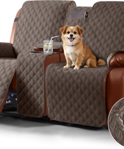 Ruaozz Funda impermeable para sofá biplaza reclinable con consola, funda antideslizante para mascotas, funda de sofá doble con correas elásticas para niños, perros, mascotas (marrón, 2 plazas)