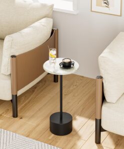 HEYZOEY mesa auxiliar redonda, pequeña mesa de cóctel mesa de centro blanca con patrón de mármol, mesa de beber para espacios pequeños, sala de estar, dormitorio, blanco y negro
