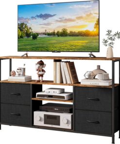 Mueble de TV moderno con espacio de almacenamiento, armario bajo para televisores con 4 cajones de tela, mueble de TV y mesa de televisión, armario versátil para sala de estar y dormitorio,