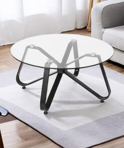 FurnitureR - Minimalista nórdico Redondo con Tapa de Cristal Templado, Base Moderna de Hierro Negro, Mesa Auxiliar para casa, Sala de Estar, Patio, jardín, 80 x 80 x 40 cm