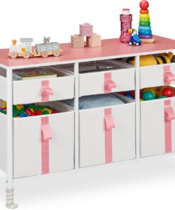 Relaxdays Cómoda Infantil, 6 Cajones de Tela, Cajonera Habitación Juguetes, Niños, 61,5 x 100 x 40,5 cm, Blanco y Rosa