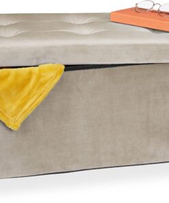 Relaxdays Banco Almacenaje, Acolchado, Terciopelo, Patas Madera, hasta 120 kg, Plegable, 34 x 76 x 38 cm, Crema