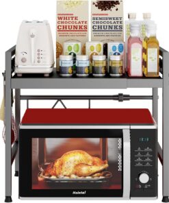 Estante Ajustable para Microondas de Cocina, Soporte de 2 Niveles para Microondas de Cocina, Acero al Carbono de Pie para Microondas, Organizador para Freidora de Aire con 8 Ganchos, Gris