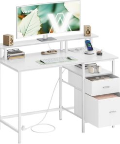 VASAGLE Escritorio, con Cajones de Tela, Mesa de Ordenador con Soporte para Pantalla, Regleta, 2 Puertos USB, para Oficina en Casa, 120 x 60 cm, Blanco Arce LWD093W01V1
