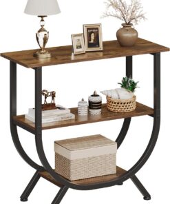 Trironsun Mesa consola estrecha con 3 estantes, mesa de pasillo de diseño industrial con marco de metal curvado, mesa de sofá para entrada, salón, pasillo y detrás del sofá (marrón rústico)