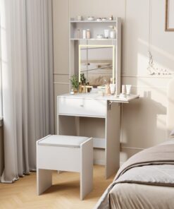 Tocador con espejo LED y tomas de corriente, 3 colores, escritorio de tocador con panel plegable, taburete de almacenamiento, estantes abiertos, mesa de tocador con cajón, escritorio de