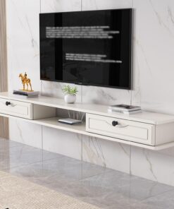 Soporte tv mesa，mesa de consola de los medios,Centro de Entretenimiento Montado en la Pared con Orificio para Cables,Mueble TV Suspendido Moderna，mueble tv blanco，sala de estar,hotel(A,100x24x18cm/39.