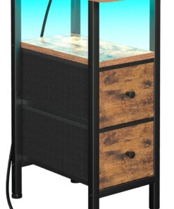AMHANCIBLE Mesita de noche delgada con estación de carga, mesa estrecha con luces LED, mesa pequeña con 2 cajones de tela, mesita de noche para espacios pequeños, salón, dormitorio, color negro