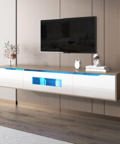 ModernLuxe Mueble de TV flotante con luces LED que cambian de color, 3 espacios de almacenamiento, muebles de TV para sala de estar, madera blanca brillante, 180 x 35 x 30 cm