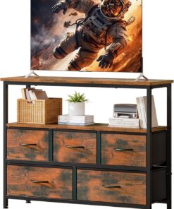 Mueble TV Alto con 5 Cajones, Soporte TV 45",Marrón | Mueble Televisión Compacto para Salón, Dormitorio o Espacios Pequeños con Estantes Abiertos y Almacenamiento