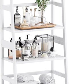 HITNET Estantería de Escalera, Librería de 4 Niveles, Estantería de Almacenaje de Pie, Estante de baño de bambú, para Salón, Dormitorio, Cocina, Oficina en Casa, Blanco