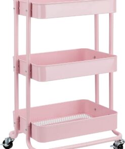 Amazon Basics Carrito de cocina o multiuso de 3 niveles con ruedas en rosa apagado