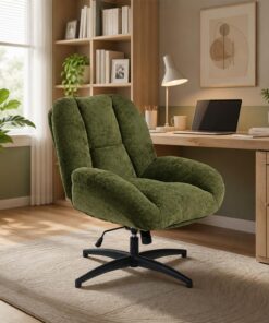 MEUBLE COSY Silla de Oficina Giratoria 360°, Función de Inclinación, Altura Ajustable, Acolchada con Espuma en Tela de Chenilla, para Escritorio Estudio, sin Ruedas, Verde