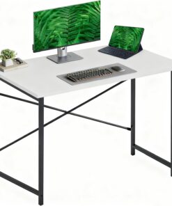 DUMOS Escritorio para Ordenador, Mesa de Oficina con Soporte para Auriculares y Bolsa de Almacenamiento, pequeño Escritorio de Estudio, Mesa de Madera, Mesa de Oficina para el hogar