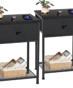 AMHANCIBLE Juego de 2 Mesitas de Noche, Mesilla de Noche Pequeñas con Cajón de Tela, Mesita Auxiliar Industrial Delgada con Estante, para Dormitorio, Salón o Espacios Pequeños, Negro EHET03SDBK