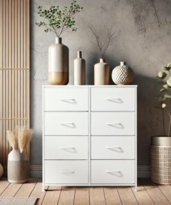 DUMOS Cómoda para Dormitorio con cajones de Tela, Organizador Alto para Ropa, Armario, habitación Infantil, Torre de Almacenamiento con Armario Marco de Metal, Placa de Madera Ligera