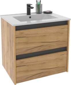 MUEBLES PITARCH Mueble de Baño 60cm Ancho, suspendido, 2 Cajones, Roble Kraft con un Toque Gris, para Lavabo encastrado, Estilo Moderno Modelo Nilo