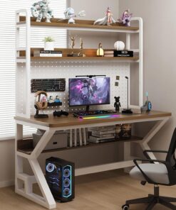 Escritorio de Ordenador con Tablero de Clavijas y Estantes de Almacenamiento, Mesa Gaming Industrial Escritorio de Estudio Moderno Estación de Trabajo(80CM, Walnut)