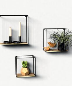 Gadgy Estanterías de Pared de Madera Natural - Set de 3 Baldas Flotantes con Soporte Metálico Negro - Estantes Decorativos Estilo Industrial para Cocina, Salón o Dormitorio