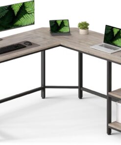 VASAGLE Escritorio, Mesa de Ordenador en Forma de L, 138 x 138 x 76 cm, Esquina con 2 Estantes, Ahorra Espacio, para Oficina Casa, Juegos, Greige y Negro LWD72MB