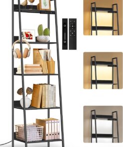 Estantería de Escalera Pequeña de 5 Niveles con Luces LED, Control Táctil y Remoto, 3 Temperaturas de Color, Librería Esquinera Alta Regulable de Metal y Madera para Salón y Dormitorio