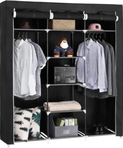 SONGMICS Armario de Tela , Armario Portátil con Barra Colgante, Perchero Plegable, para Vestuario, Dormitorio, Cuarto de estudio, 150 x 45 x 175 cm, Negro RYG12B