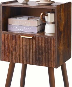 Aibiju Moderna Mesita de Noche con Cajón, Mesa Auxiliar de Mediados de Siglo con Estante Abierto, Mesita de Noche de Dos Niveles para Dormitorio, Marrón Rústico YD-TM061H